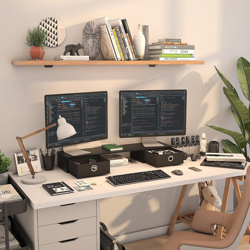 2 WESTREE Dual Monitor Stand Riser with Two Drawers, Extra Large Storage Monitor Stand for Monitors, Desktop Oraganizer