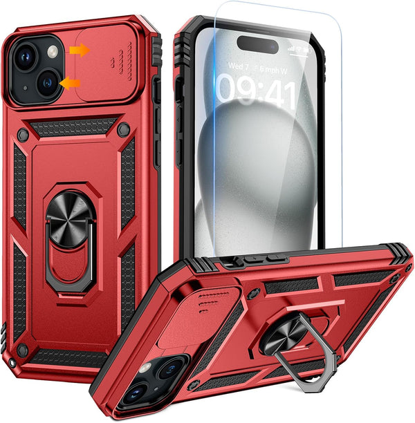 Goton iPhone 15 Plus Case - Heavy Duty Shockproof Bumper with Screen Protector & Slide Camera Cover, Red