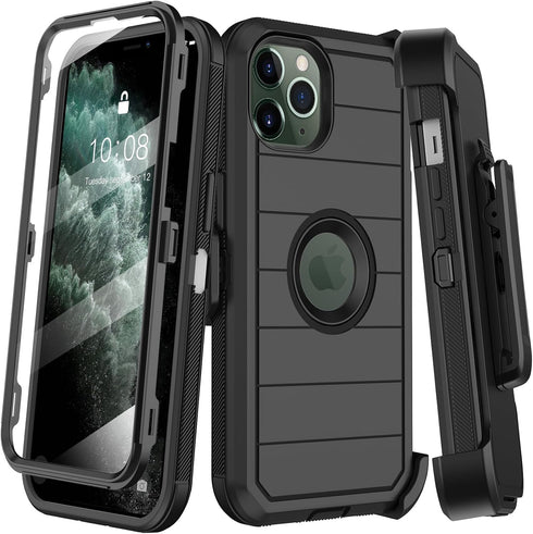 Heavy Duty Case for iPhone 11 Pro Max, with Belt Clip Holster, Built-in Screen Protector, Military Grade Black
