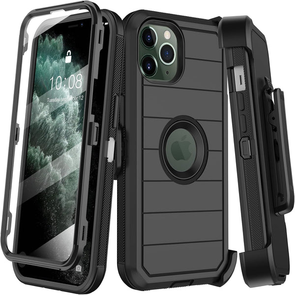 Heavy Duty Case for iPhone 11 Pro Max, with Belt Clip Holster, Built-in Screen Protector, Military Grade Black