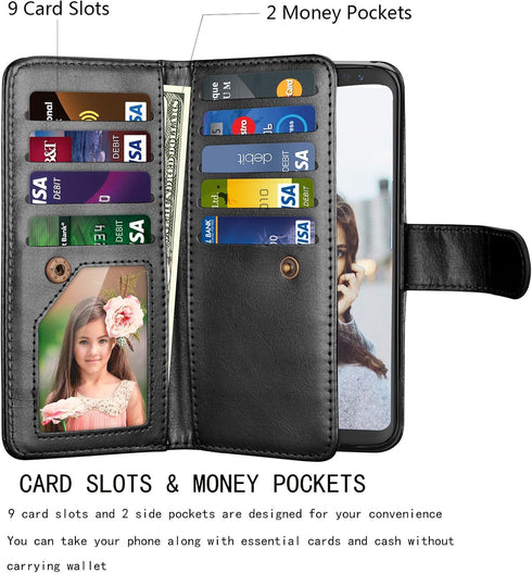 NJJEX for Galaxy S8+ Case - PU Leather Wallet Case with 9 Card Slots, Detachable Kickstand, Black
