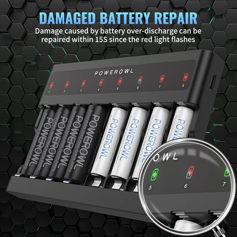POWEROWL AA AAA Battery Charger 8 Bay, USB Fast Charging for Ni-MH Ni-CD Rechargeable Batteries