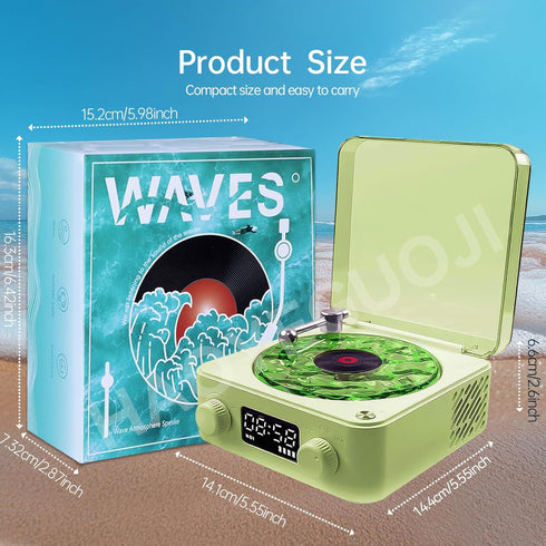 Retro-Style Wireless Waves Vinyl Bluetooth Speaker - Aqua Vinyl Player with Ambience Light and Clock for Bedroom