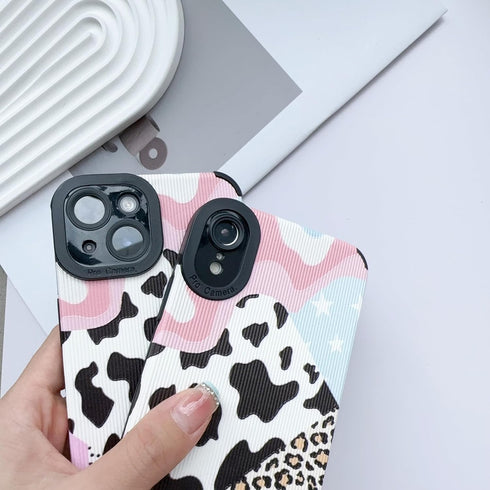 iPhone 13 Case Compatible, Trendy Leather Animal Leopard Design with Cow Milk Spot Pattern, Shockproof Slim TPU