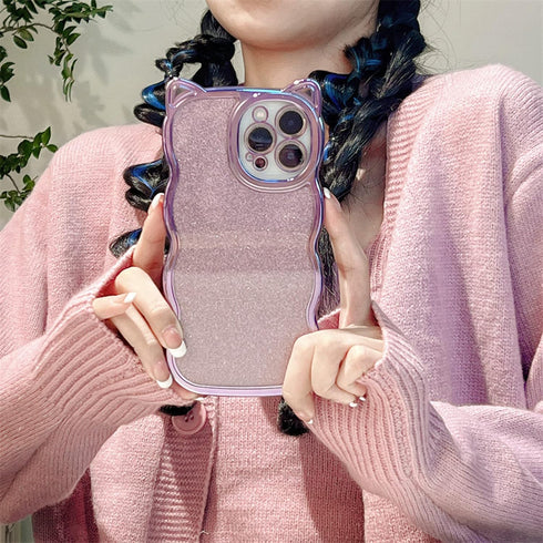 Cute Cat Ears iPhone 11 Case for Women/Girls, Green Glitter Bling, Shockproof, Anti-Scratch, Curly Wave Design.