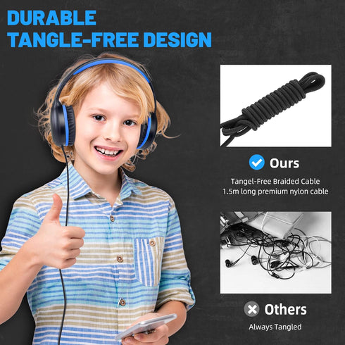 Over Ear Wired Blue Headphones for Boys, Folding Corded Stereo Headphones for Youth, Compatible with Computer PC