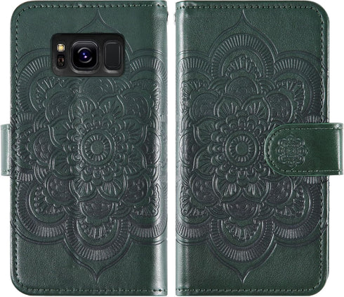 Asuwish Wallet Case for Samsung Galaxy S8 - Dark Green Leather Flip with Tempered Glass & Card Holder Stand.