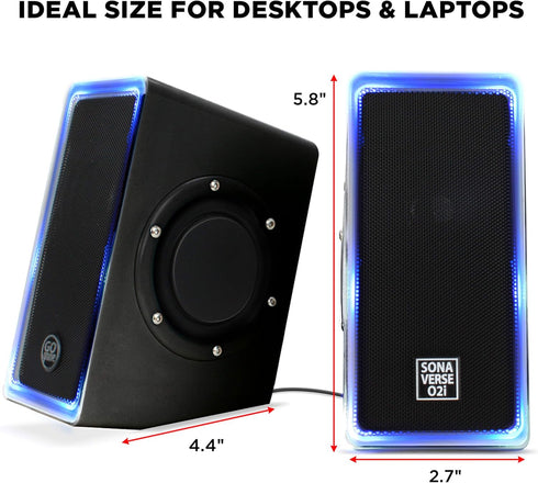 GOgroove Gaming Computer Speakers, Blue LED Light, SonaVERSE O2i Speakers for Desktop, Laptop, PC