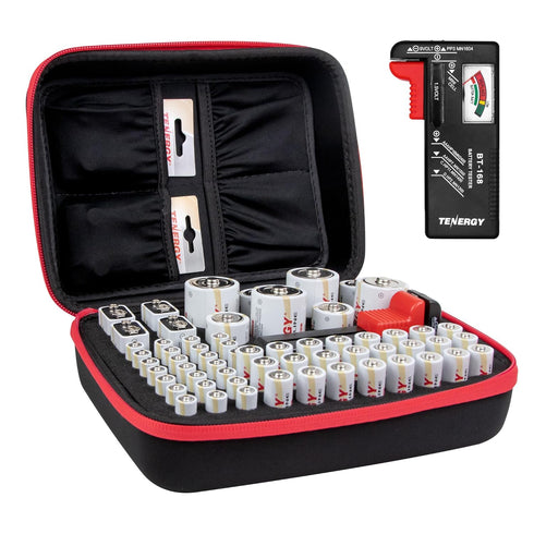 Tenergy Battery Organizer Storage Case with Tester, Holds 60 Batteries AA AAA C D 9V (Batteries Not Included)