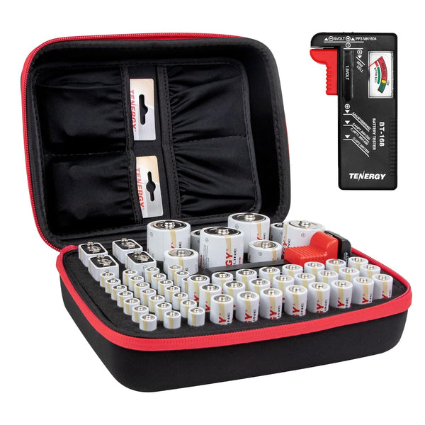 Tenergy Battery Organizer Storage Case with Tester, Holds 60 Batteries AA AAA C D 9V (Batteries Not Included)