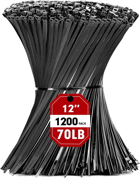 RAZCC 1200pcs Black Zip Ties, 12 Inch Heavy Duty Plastic Cable Ties with 70lb Tensile Strength, Self-Locking Nylon Tie