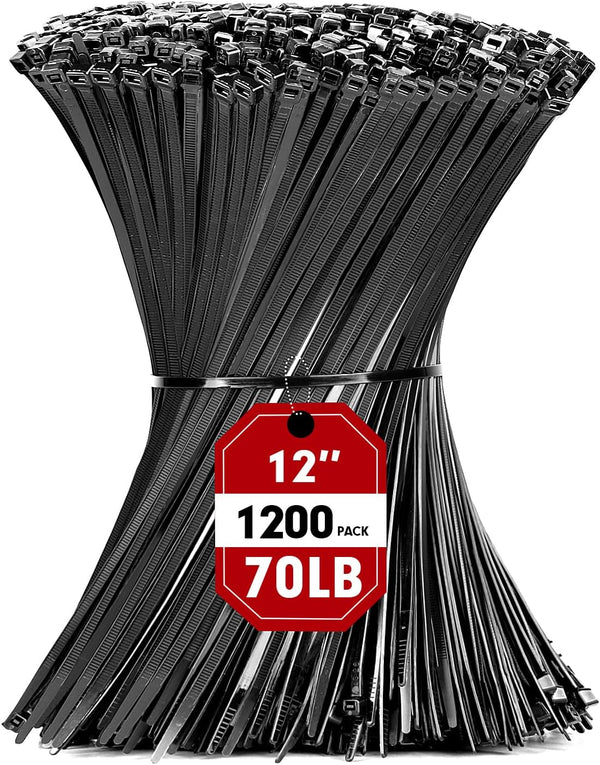 RAZCC 1200pcs Black Zip Ties, 12 Inch Heavy Duty Plastic Cable Ties with 70lb Tensile Strength, Self-Locking Nylon Tie