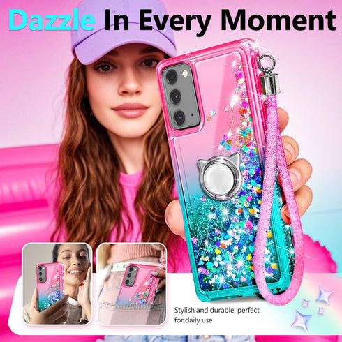 NGB Case for Samsung Galaxy Note 20 & Note 20 5G, Pink/Aqua Glitter Liquid Sparkle Cover with Accessories
