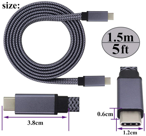 Flat Braided Type C USB 3.1 Adapter Extender Cable 5 Gbps&2A 3.1 USB Type C Male to USB3.1 Cable Full Function Supports Charging,Data,Audio,Video Cable for Laptop&Tablet&Mobile Phone(1.5M-M/M)