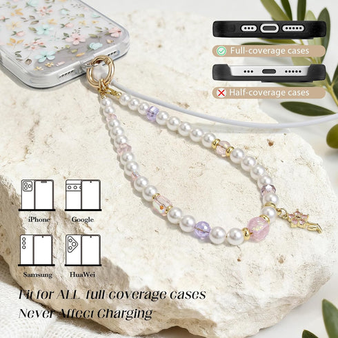 pcgaga Pearl Beaded Phone Charm, Phone Wrist Strap, Handmade Bracelet Straps, Anti-Lost Lanyard Wrist Chain for Airpods