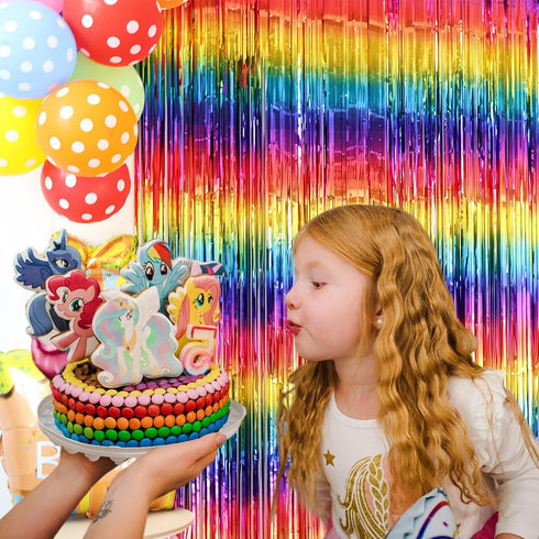 Sparkly Rainbow Foil Fringe Curtain, Metallic Streamers Tinsel Party Backdrop Decorations - 2 Packs