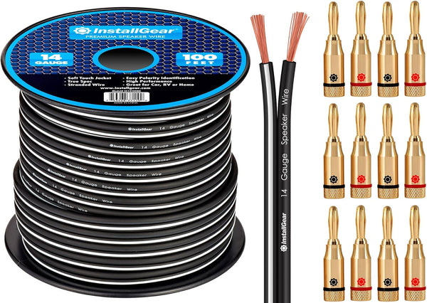 InstallGear 14 Gauge AWG Speaker Wire Cable with 12 Banana Plugs (100ft White/Black) for Car Speakers, Home Theater