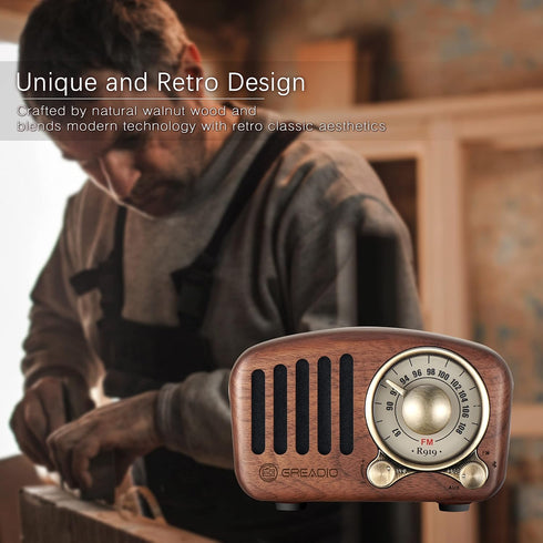 Vintage Greadio Walnut Wood Bluetooth Speaker - Retro Style Radio with Bass Enhancement, Bluetooth 5.0, MP3 & FM