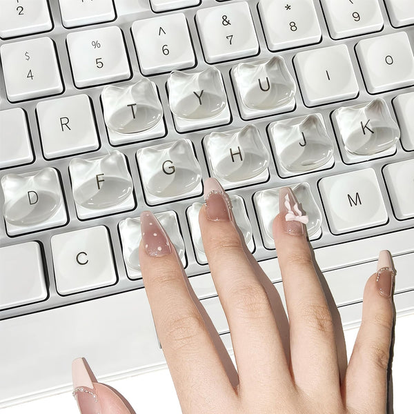Transparent Glass Long Nail Keyboard Caps 80 Raised Cat Head Keyboard Stickers,