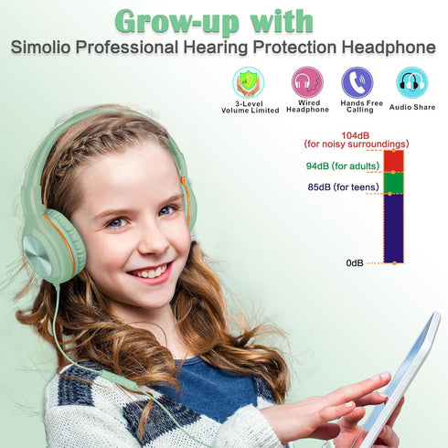 SIMOLIO Kids Headphones with Cord - Wired Headphones with Microphone, Volume Limited for School Travel (Green)