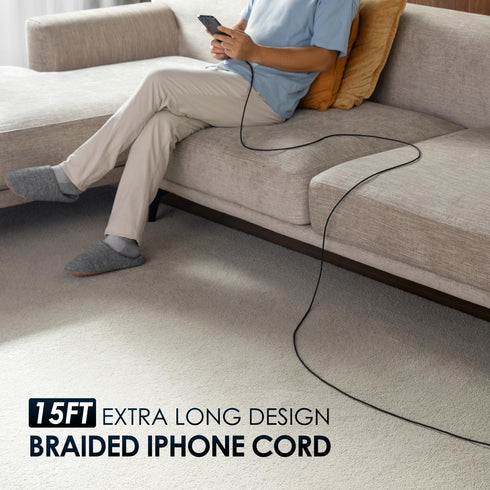 Extra Long iPhone Charger Cord 15FT 2 Pack, Apple MFi Certified Braided USB A to Lightning Fast Charging Cord for