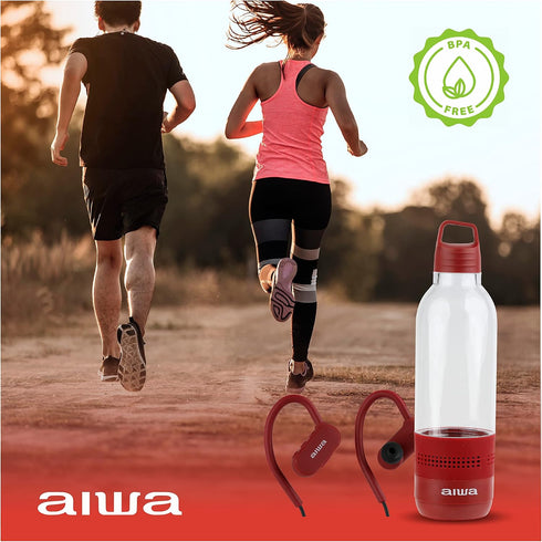 Aiwa Water Bottle with Speaker and Earphone Bundle - 400ml Water Bottle with 4 Hour Playtime and Wireless Sports