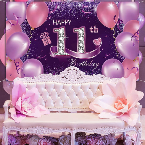 Happy Birthday Party Decorations, Large 72.8 x 43.3 Inch Fabric Backdrop for Girls Birthday Party, Pink Purple