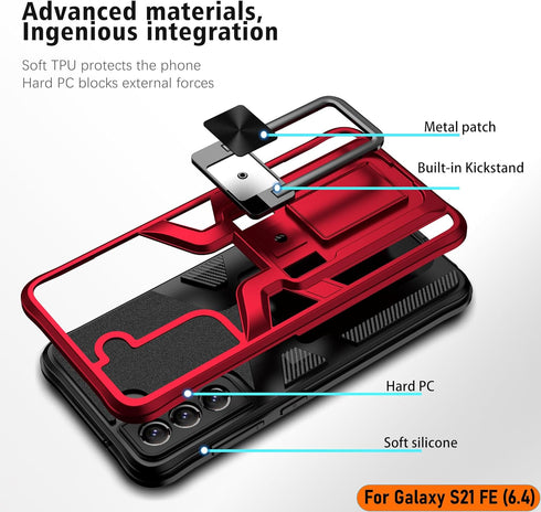 LMDAMZ Galaxy S21 FE 5G Case, Anti-fall Heavy Duty Military Grade Shockproof Kickstand, 6.4 Inch-Red