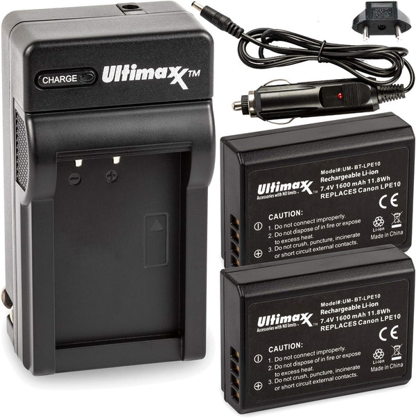 Ultimaxx AC/DC Rapid Home & Travel Charger with 2x LP-E10 Extended Life Battery for Canon EOS Cameras