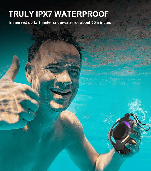 Waterproof Bluetooth Speaker IPX7, Portable Shower Speaker with Dynamic Lights and 24H Playtime