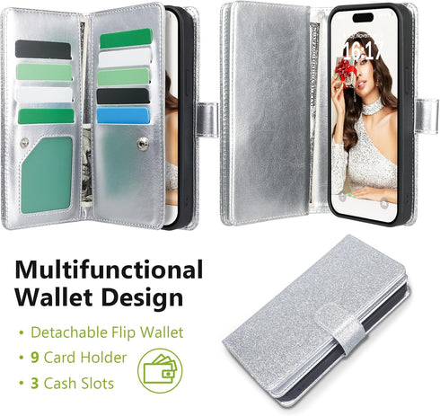 Varikke Detachable Wallet Case for iPhone 12, Fashion Glitter PU Leather with Card Holder, Magnetic Flip Cover
