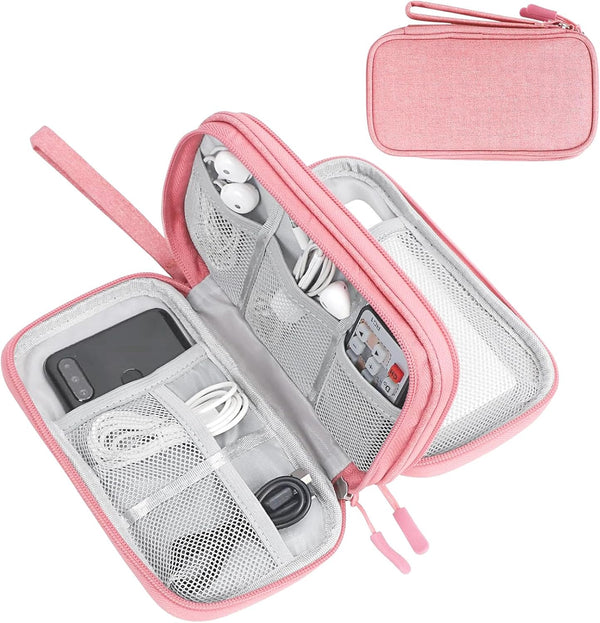 FYY Electronic Organizer Travel Bag, Portable Waterproof Double Layers Pouch for Cable, Charger, Phone, Earphone, Pink