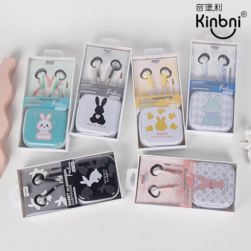 QearFun Bunny Earbuds for Kids | Kawakii Wired Earbud & in-Ear Headphones Gift with Microphone and Storage Case (Black)