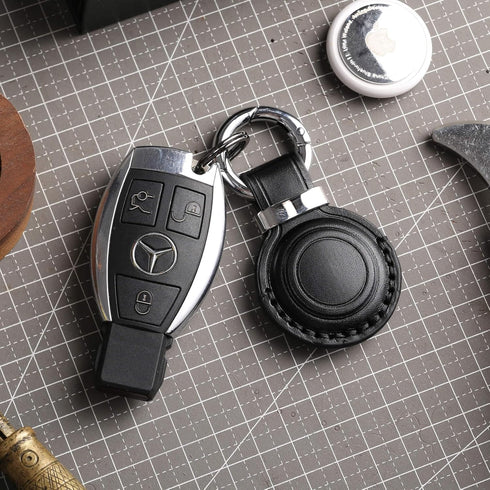 Genuine Leather AirTag Holder Keychain, Compatible with Apple AirTag, Secure Hidden Case (Black)