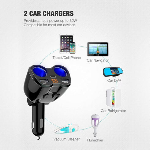 Otium USB C Car Charger, 2 Sockets Cigarette Lighter Splitter, 12/24V 80W Dual USB Type-C Ports, Separate Switch, LED