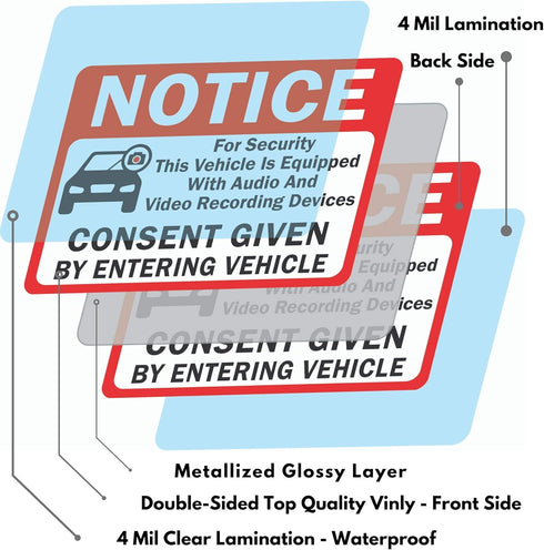 6-Pack Double Sided 3.5"x2.5" Notice Vehicle is Equipped With Audio And Video Recording Devices Consent Sticker, Vinyl