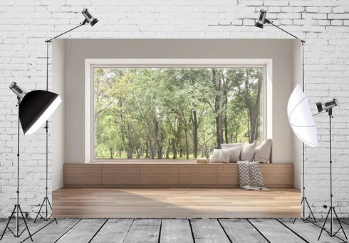 BELECO 7x5ft Fabric Modern Living Room Window Backdrop House Interior Green Forest Trees Scenery Nature Background