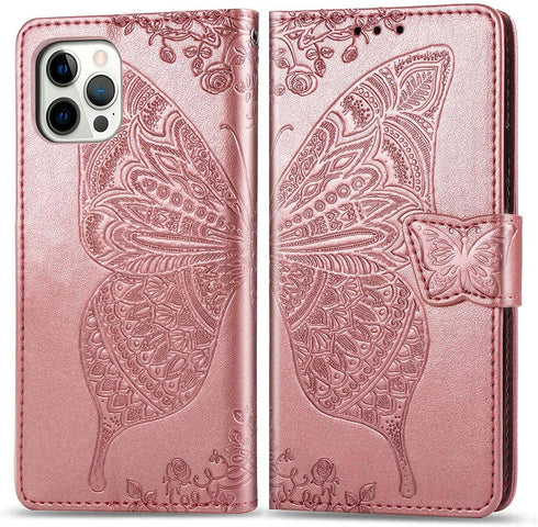 Wallet Case for iPhone 12 Pro/iPhone 12, Women Flip Folio Cover with Butterfly Embossed PU Leather, Rose Gold