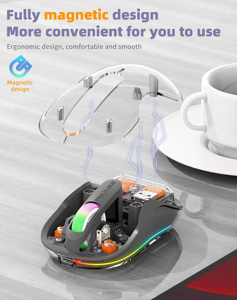 Wireless Bluetooth Transparent Mouse, 2.4GHz with USB & Type-C Receivers, Portable Silent Rechargeable Mice with RGB
