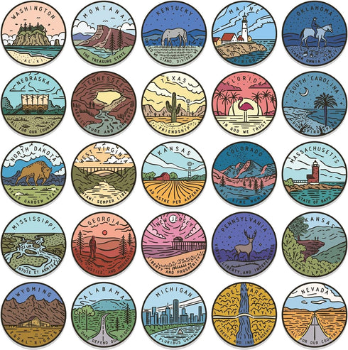 USA States Stickers Pack, 50Pcs Travel Landscape Vinyl Waterproof Decals for Luggage and Water Bottles