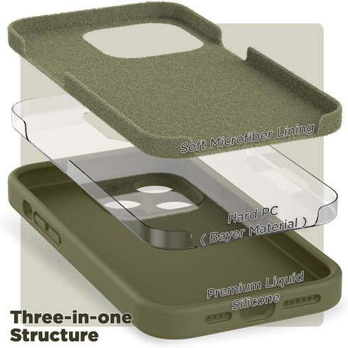 SURPHY iPhone 14 Pro Max Case with Screen Protector, Liquid Silicone, Khaki Green, Soft Microfiber Lining