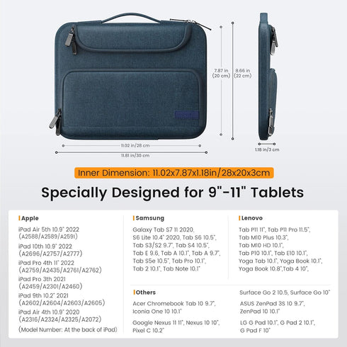 MoKo 9-11 Inch Tablet Sleeve Bag, Fits iPad Air 5/4th 10.9, iPad Pro 11 Inch, iPad 9/8th 10.2, iPad 10th 10.9, Tab S8/S9 11",Waterproof Polyester Bag with Double Pockets,Retractable Handle, Indigo