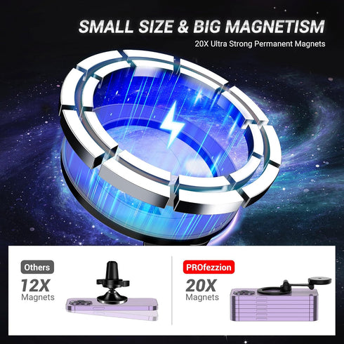 PROfezzion Magnetic Car Phone Mount, 2 x 180 Folding & Double 360 Rotating, for iPhone 15/14/13/12 Series, 2023