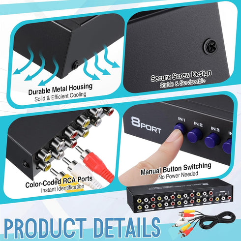 Gulfmew 8 4 8 1 8 Way AV Switch, RCA Switcher with FT RCA Cable, in Out Composite Video L/R Audio Selector Box, Port AV