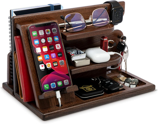 Wood Phone Docking Station, Ash Key Holder Wallet Stand Watch Organizer for Men, Anniversary Gift Idea, Brown
