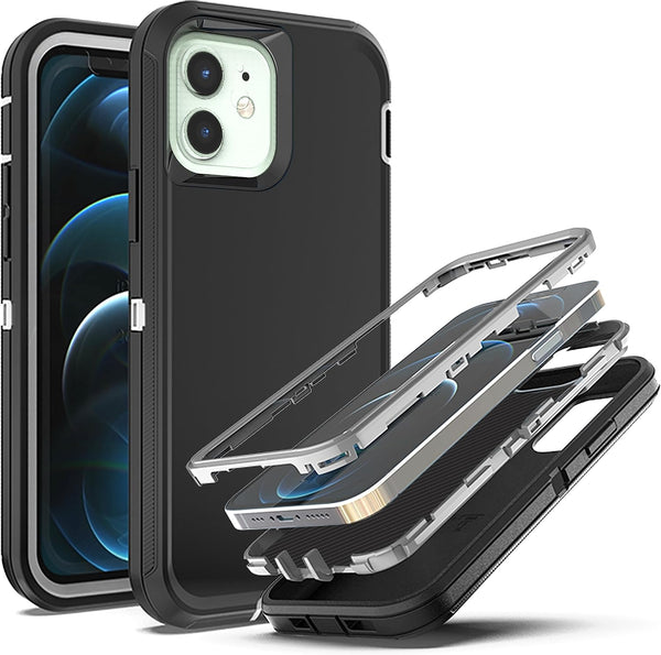 YmhxcY Shockproof Case for iPhone 12 & 12 Pro, 3-Layer Durable Protection, Heavy Duty Cover, Black and Grey