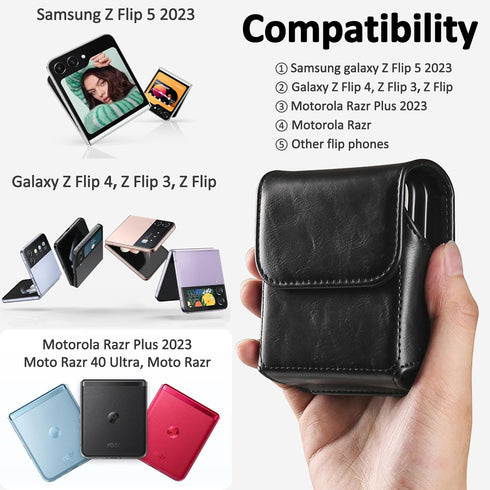 for Samsung Galaxy Z Flip 5/4/3 Phone Pouch Holster Belt Case, Leather Pouch with Belt Clip for Phone Holster Case for Motorola Razr Plus, Moto Razr+ 2023, Galaxy Z Flip 5/4/3/2 -Black