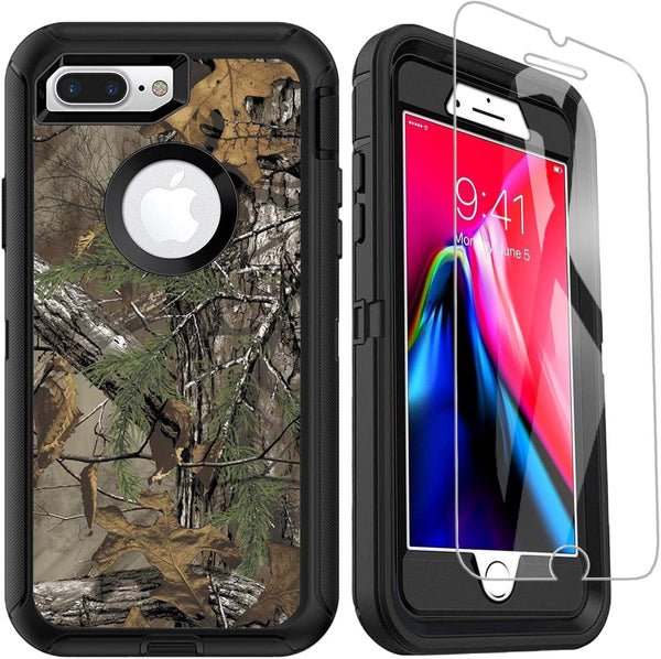 Compatible iPhone 7 Plus 8 Plus Case with Screen Protector, Rugged Heavy Duty Camo Case for Men, Shockproof 3-Layer