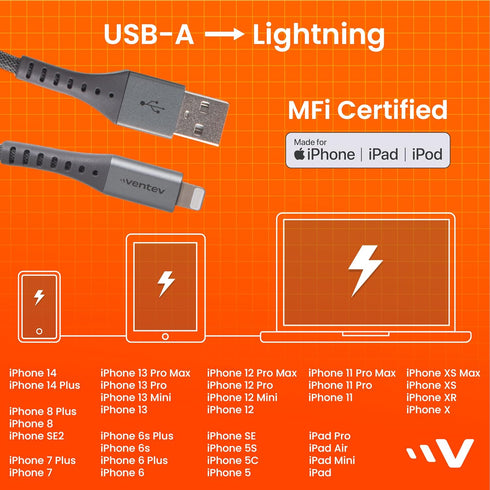 Ventev - MFi Certified iPhone Charger USB A to Apple Lightning Cable 10ft - Durable Steel Design, Lasts Up to 100x