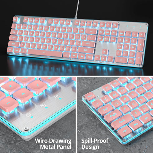 SbocKeeb 104-Key Retro Punk Keyboard - Full Size Typewriter Pink Keyboard with Square Keycap and LED Blue Backlight